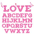 Brightly colored romantic alphabet with love inscription made of small vivid heart shapes in mosaic style.