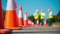 Brightly colored safety cones line the asphalt as construction workers in vests and helmets engage in a discussion ensuring a safe Royalty Free Stock Photo