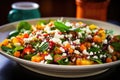 a brightly colored salad with chickpeas and feta cheese
