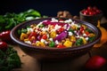 a brightly colored salad with chickpeas and feta cheese