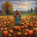 brightly colored scarecrow standing watch over a field of one generative AI