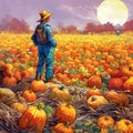 brightly colored scarecrow standing watch over a field of two generative AI