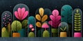 Brightly colored skateboards with floral and tree designs displayed against a dark background. Royalty Free Stock Photo