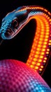 Brightly colored snake coiling around a glowing orb in a dark environment with vivid lighting effects