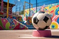 a brightly colored soccer ball resting on a swing set