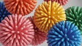 Brightly colored, spiky spherical objects resembling abstract sculptures. Royalty Free Stock Photo