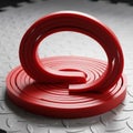 A brightly colored spiral shaped red object sits on a textured metal surface Royalty Free Stock Photo