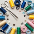 Spools of thread in blue, yellow, green, and pink are arranged Royalty Free Stock Photo
