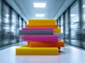 Brightly colored stacks of paper sheets arranged on a reflective surface inside a modern office corridor with large glass windows Royalty Free Stock Photo