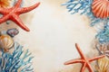 Colorful starfish and seashells arranged on a sandy background with coral accents, copy space Royalty Free Stock Photo