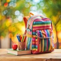 Striped Backpack with School Supplies on a Wooden Table with Blurred Green Background education Royalty Free Stock Photo