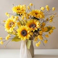 Brightly Colored Sunflowers In Monochromatic Vase: A Pop-culture Infused Soft Sculpture