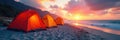 Brightly colored tent shelters beach, sunset glows, peaceful scene , twilight, tent, beach Royalty Free Stock Photo