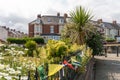 Brightly colored Tibetan prayer flags along the railing of a wildflow garden in Cullercoats, UK.