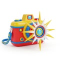 Brightly colored toy camera with spinning flash attachment isolated on white background Royalty Free Stock Photo