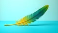 A brightly colored tropical bird feather resting on a turquoise surface Royalty Free Stock Photo