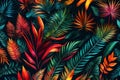 Brightly colored tropical leaves on a dark background