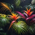 Brightly colored tropical plants adorn the black wall within a stunning Islamic mosque including an elaborate archway