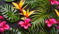 Brightly colored tropical plants adorn the black wall within a stunning Islamic mosque including an elaborate archway