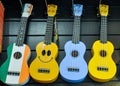 Brightly colored ukeleles in a gift shop in Ireland.