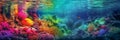 Brightly colored underwater world with corals, algae, anemones and sea fish. Long banner with an underwater sea or ocean