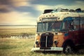 Brightly colored vintage hippy van parked in the countryside