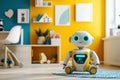 Brightly colored walls set the scene for robots assisting children, creating a joyful atmosphere filled with playful