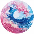 Brightly colored wave graphic in pinks and blues, in a circle shape