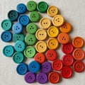 Brightly colored wooden buttons arranged in a circular pattern display a gradient effect, showcasing colors. Royalty Free Stock Photo