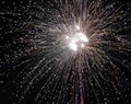 Brightly colorful explosive fireworks light up the night sky at New Year`s eve celebrations. Happy New Year 2017 and holidays