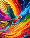 Brightly coloured bird in flight