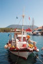 Brightly coloured blue and red fishing boat in harbour