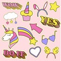 Brightly coloured doodle stickers. Unicorn, heart glasses, star, cupcake, circle hare, reindeer. Signs wow, yes, do that