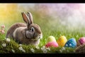 Brightly Coloured Easter Eggs and Bunny Nestled in a Bed of Fresh Grass