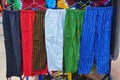 Brightly coloured handmade trousers