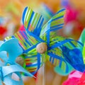 Brightly coloured Japanese childrens wind propellor turbine plastic toy, Kanazawa, Japan