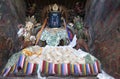 Brightly coloured statues of Tibetan deities inside the Buddhist Kumbum chorten in Gyantse in the Pelkor Chode Monastery