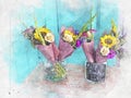 Brightly coloured watercolor illustration of flowers in vases