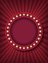 Brightly glowing circle retro cinema neon sign. Circus style show vertical banner template. Background vector poster image Royalty Free Stock Photo