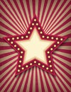 Brightly glowing star retro cinema neon sign. Circus style show vertical banner template. Background vector poster image Royalty Free Stock Photo