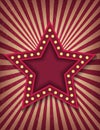 Brightly glowing star retro cinema neon sign. Circus style show vertical banner template. Background vector poster image Royalty Free Stock Photo