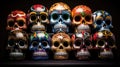 Brightly hued skulls and Papel Picado decorations, a lively Day of the Dead scene Royalty Free Stock Photo