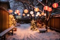 brightly illuminated lanterns hanging in a snowy backyard