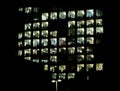 Brightly illuminated windows in a tall modern office building at night showing office spaces surrounded by darkness Royalty Free Stock Photo