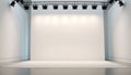Bright white studio with central stage and powerful spotlight array Royalty Free Stock Photo