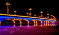 Brightly lit bridge at night