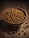 Brightly Lit Chickpeas in and around Wooden Bowl on Wooden Surface, Generative AI