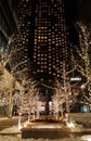 Brightly lit Christmas decorated alley in front of a skyscraper in downtown Toronto in the night Royalty Free Stock Photo