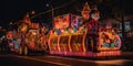A brightly lit Christmas parade with colorful floats musi one generative AI
