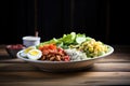 brightly lit cobb salad on a dark wooden table